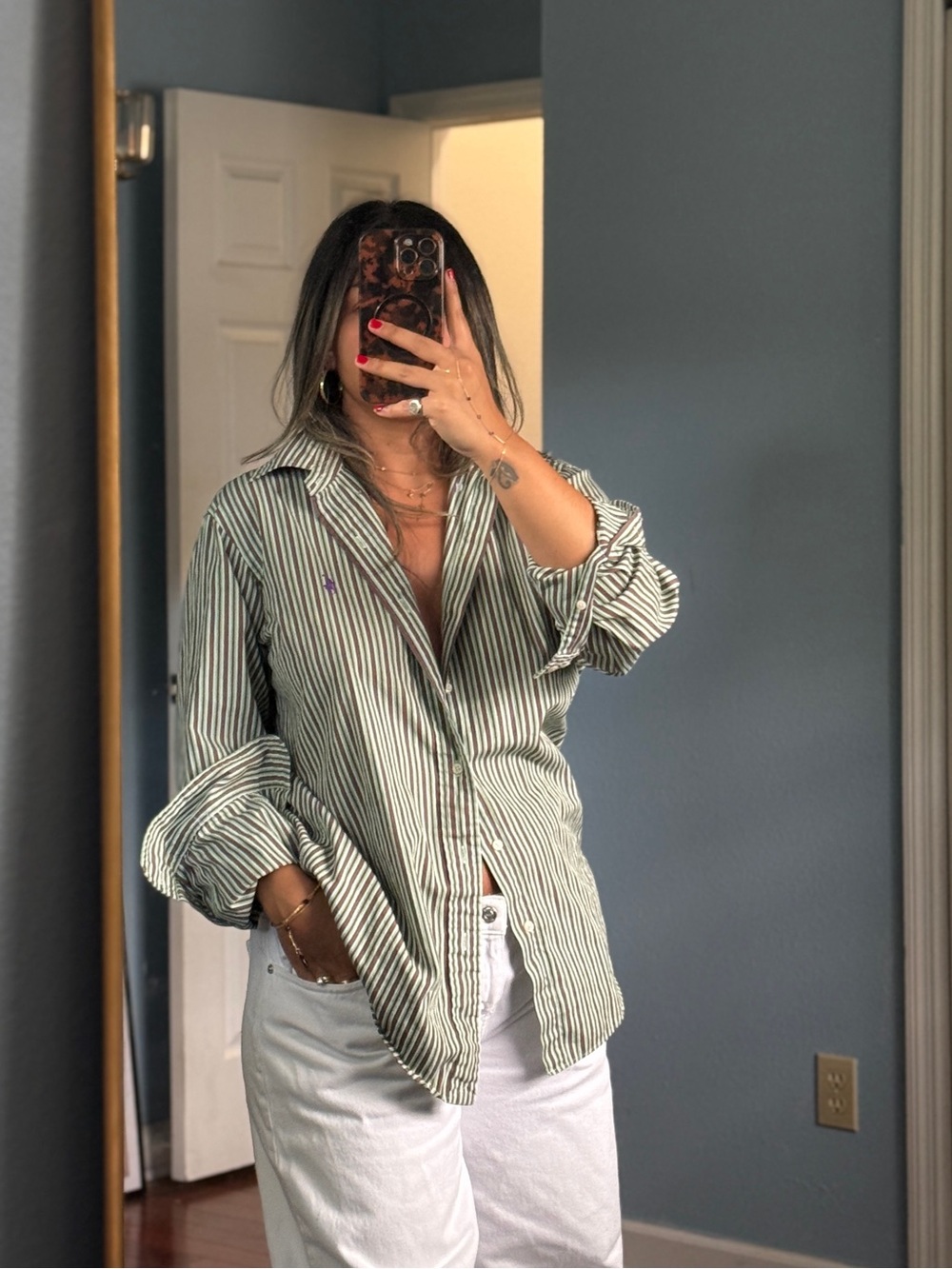 Ralph Lauren Custom Fit Striped Button Down Shirt Green Red Purple Pony Mens M
